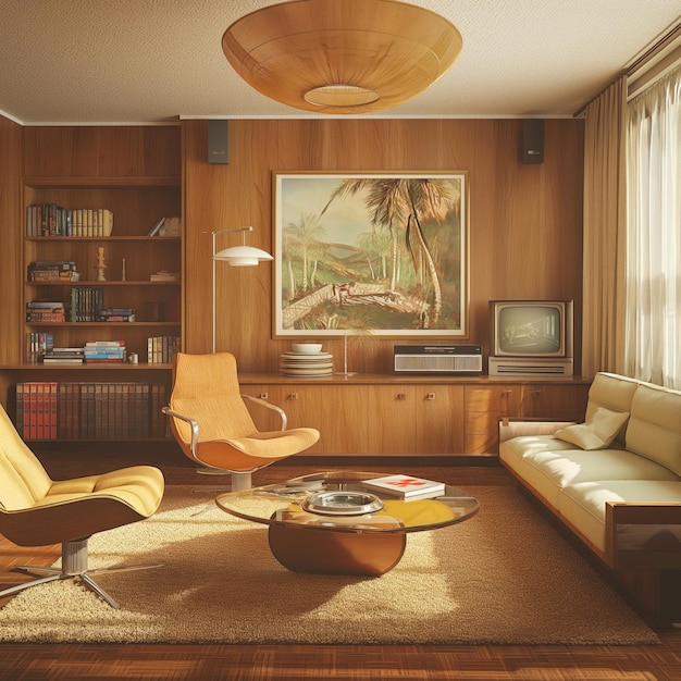 Cozy living room with wooden floor yellow couch chair around coffee table TV mounted on wall