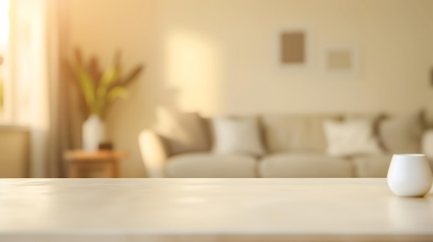 Cozy Living Room with Wooden Table in Soft Focus