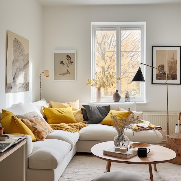 Cozy Living Room with Yellow Accents and Autumn View