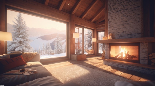 A cozy living room in a wooden chalet with a burning fireplace a soft sofa and a fluffy carpet amazi