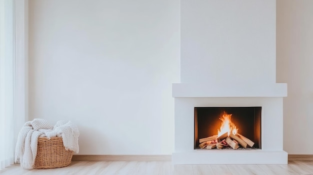 Photo a cozy living space features a stylish fireplace with a warm fire light gray and white walls and natural sunlight streaming through a window creating an inviting atmosphere