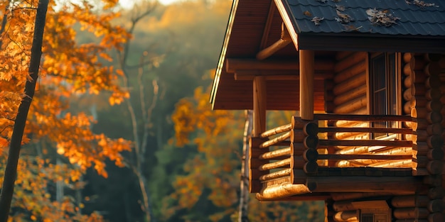 Photo cozy log cabin in autumn forest with golden foliage and warm sunlight