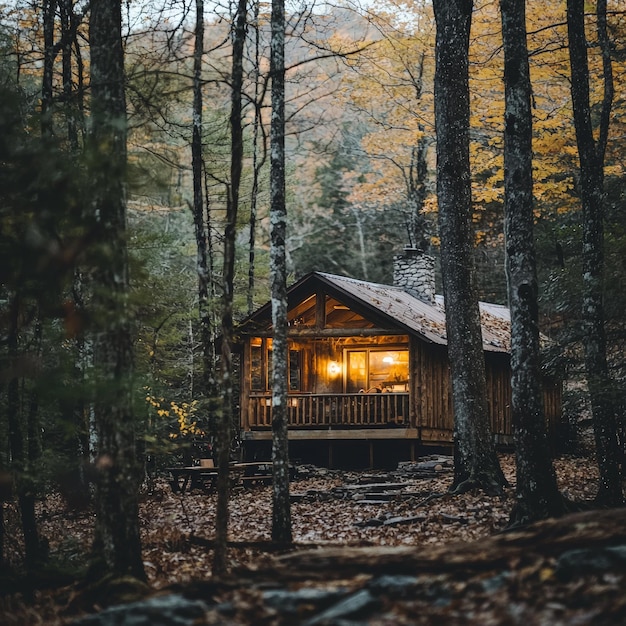 Photo a cozy log cabin in a forest softly lit with warm glowing lights