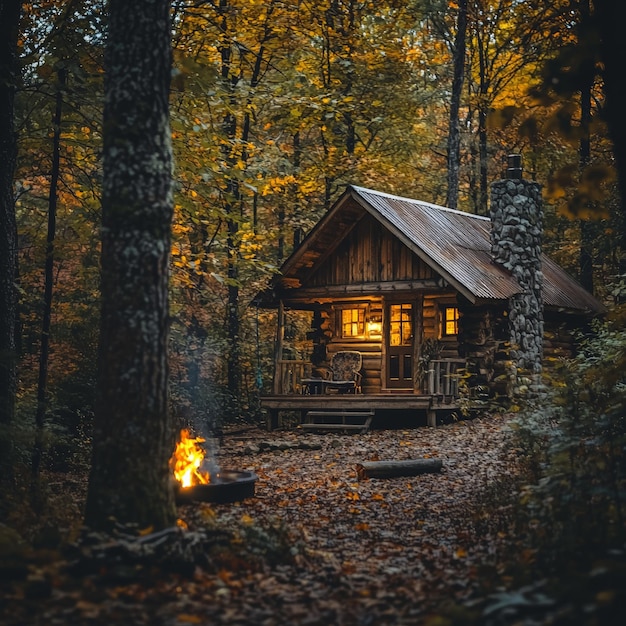 Photo a cozy log cabin in a forest softly lit with warm glowing lights