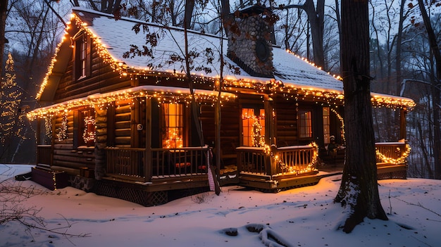 A cozy log cabin is lit up with Christmas lights and surrounded by a snowy forest