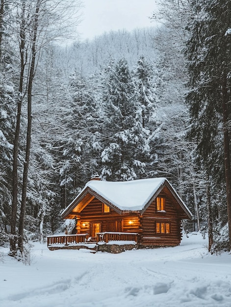 Photo cozy log cabin surrounded by snowcovered trees in a winter forest