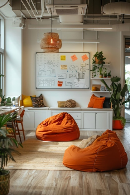 Photo cozy lounge area with bean bags coffee station whiteboard brainstorm ideas in a bright and