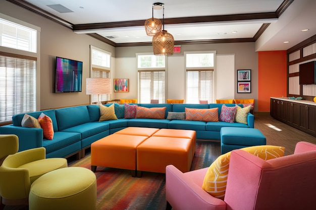 Cozy lounge area with plush sofas and colorful accents for added flair created with generative ai