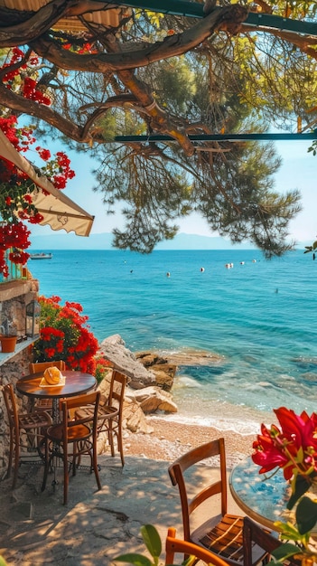 Cozy Mediterranean cafe on the beach under green trees overlooking clear blue water