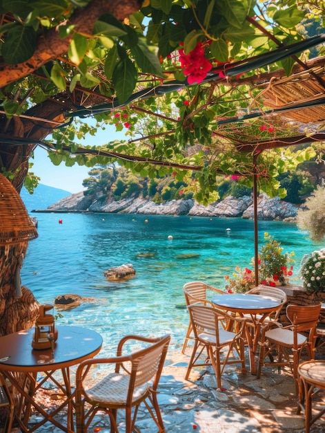 Cozy Mediterranean cafe on the beach under green trees overlooking clear blue water