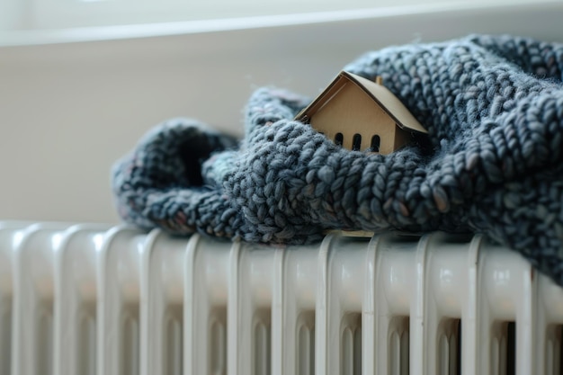 Photo cozy miniature house wrapped in a warm scarf on a radiator symbolizing home heating and comfort during winter