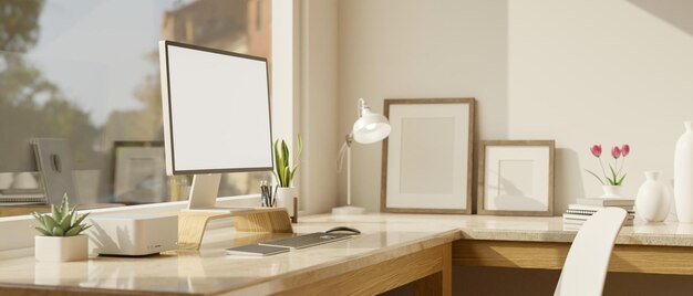 Cozy minimal home working space interior design with computer desktop mockup on table