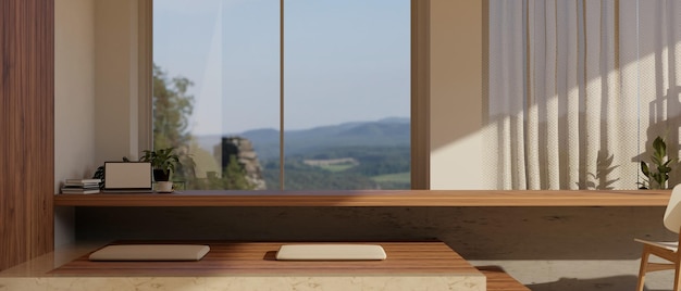 Cozy and minimal home working space with copy space on long wood table against the window