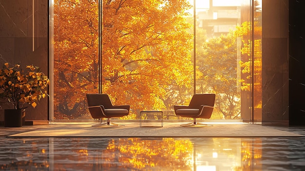 Cozy Minimalist Business Lounge in Autumn Hues Serene Chairs Soft Lighting Ambiance