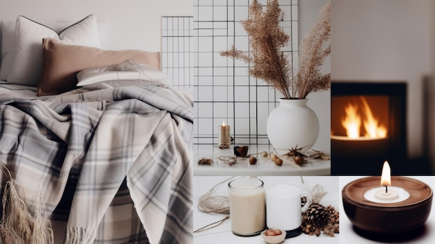 Cozy Minimalist Home Decor with Blankets Candles and Fireplace Ambiance