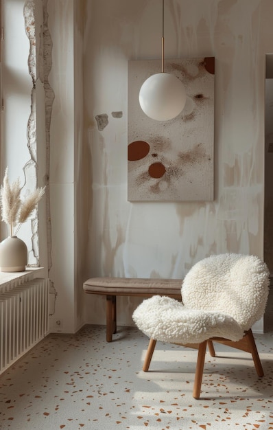 Photo cozy minimalist interior with a white fluffy chair abstract art and natural light