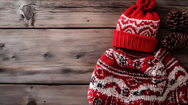 Photo cozy mittens festive hat and christmas sweater with pattern on wooden background