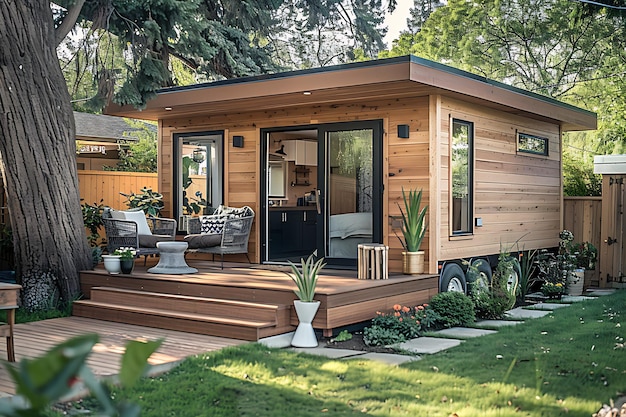 cozy modern backyard tiny house with wooden cladding and lush greenery