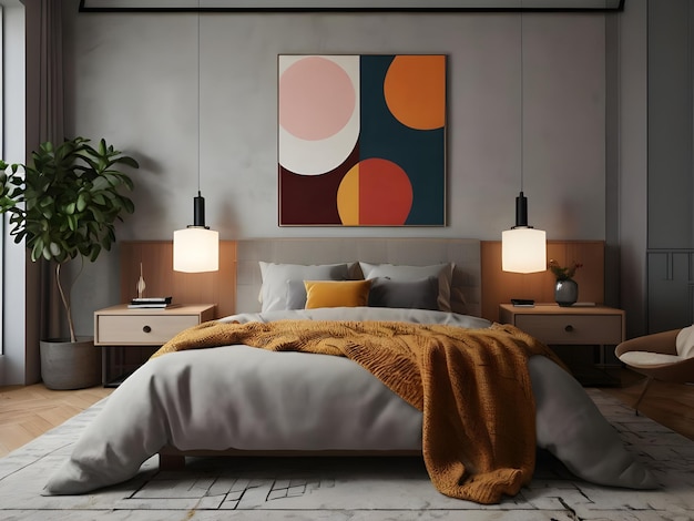 Photo cozy modern bedroom interior with light gray sofa and geometric art poster