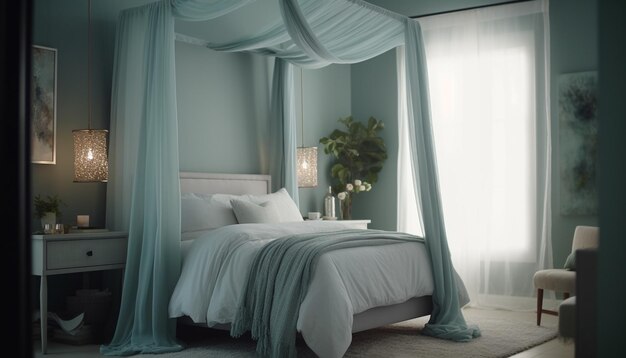 Cozy modern bedroom with elegant blue decor and comfortable bedding generated by artificial intelligence