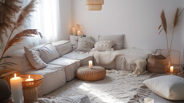 Photo cozy and modern boho living room interior with aztec patterns and warm hues