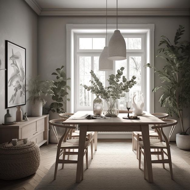 Cozy modern dining room neutral beige scandinavian interior contemporary realistic living room ai ge