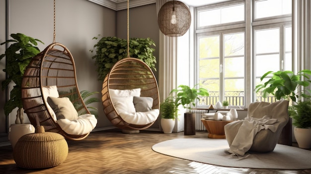 Cozy modern living room interior boho style hanging wicker egg chairs and hanging lamp textile armch