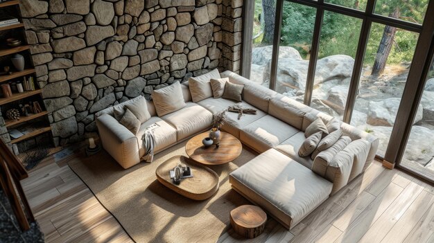 Cozy Modern Living Room with Stone Wall