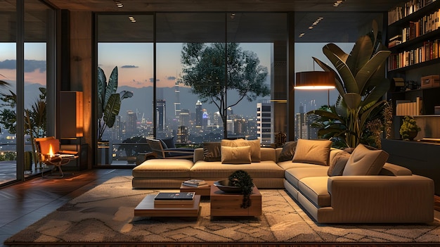 Cozy Modern Living Room with Stunning City Skyline View