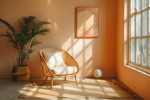 Cozy Modern Living Space with Stylish Armchair and Houseplant by Sunny Window with Warm Natural