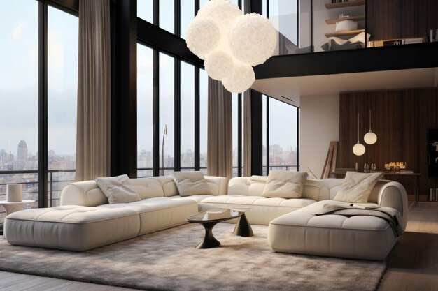 Cozy modern luxury interior design of the living room with a white sofa