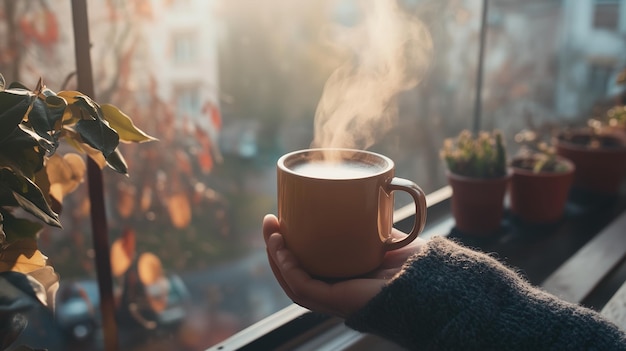 Photo a cozy moment with a steaming cup of coffee overlooking a sunlit urban balcony filled with lush greenery and small potted plants