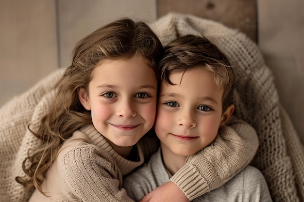 Cozy Moments Brother and Sister in Light Taupe Attire Highlighting the Comfort and Joy of Family Life Together