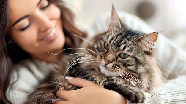 Photo cozy moments woman cuddling with a maine coon cat in a warm home setting