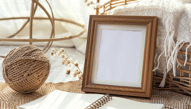 Photo cozy morning arrangement with empty frame notepad and natural textiles by sunlit window