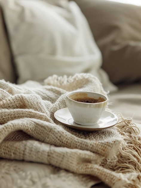 Cozy Morning Coffee on Knitted Blanket in Sunlit Room