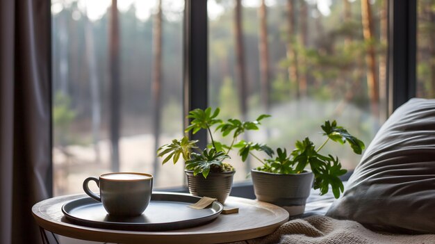 Cozy Morning Coffee with a View of the Tranquil Forest