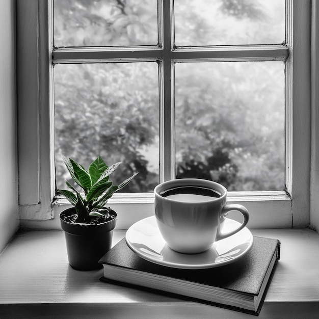 Photo a cozy morning scene with a cup of coffee a book and a plant on a windowsill