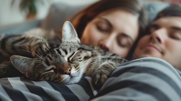 Photo cozy morning with cat and couple a young couple and their cat snuggle together in bed embody