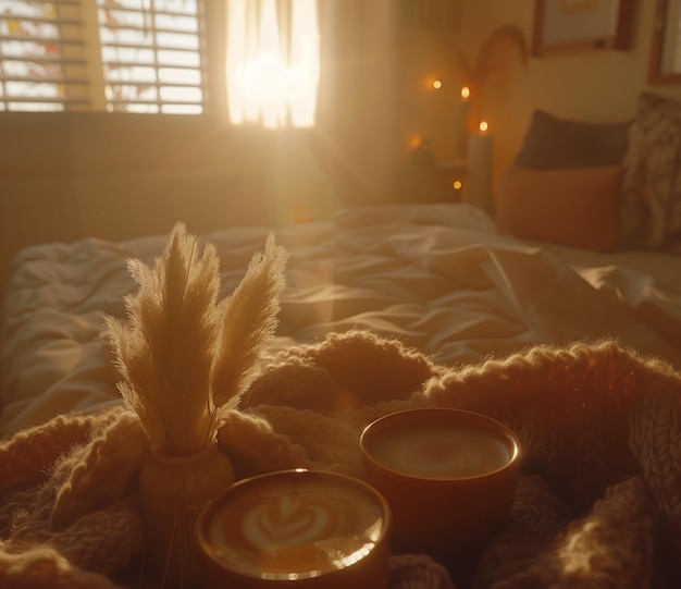 Photo cozy morning with coffee and sunlight in a modern bedroom