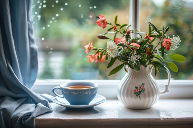 Cozy morning with flowers and tea