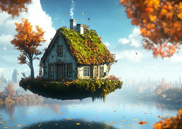 Photo cozy mosscovered cottage by the water in a dreamlike autumn