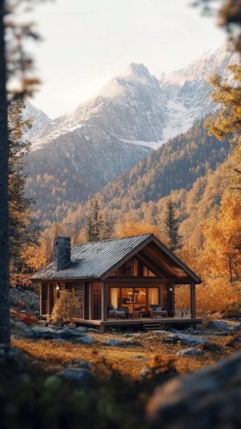 Cozy Mountain Cabin Nestled in Autumn Forested Landscape