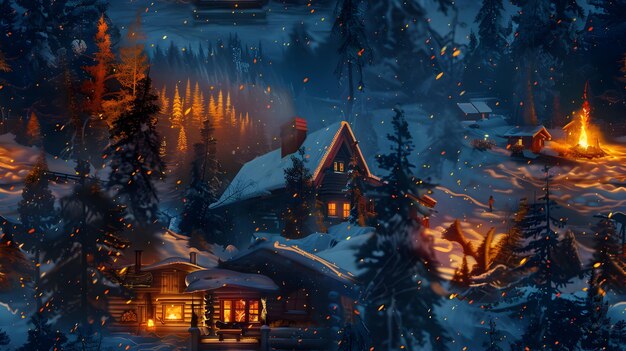 Cozy Mountain Cabin Nestled in Picturesque Snow Dusted Forest with Roaring Fire and Guests Enjoying Hot Chocolate and Marshmallows