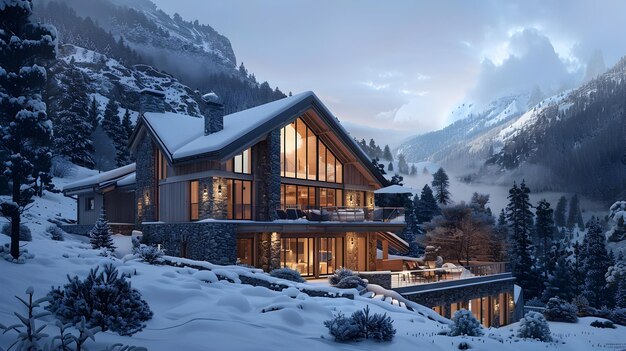 Cozy Mountain Cabin Nestled in Snowy Landscape During Twilight