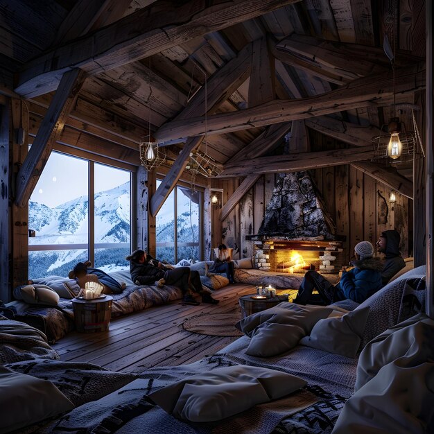 Photo cozy mountain refuge rustic cabin interior with backpacking travelers resting by fireplace in snowy alpine landscape