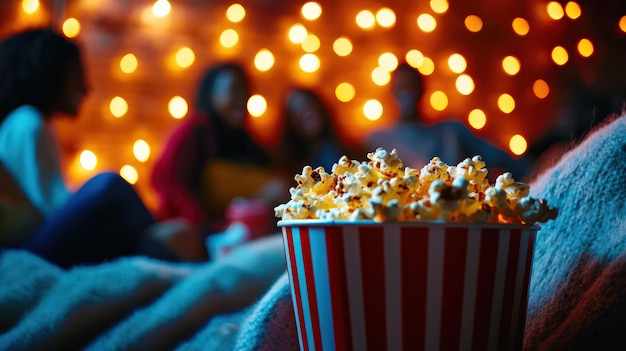 Cozy movie night scene with popcorn in focus blurred friends in the background and warm lights creating a festive atmosphere