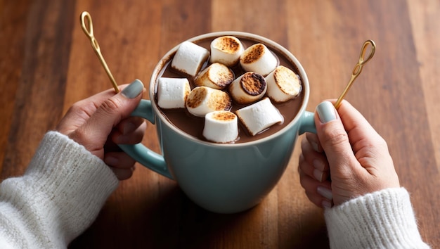 Photo a cozy mug of hot chocolate topped with toasted marshmallows