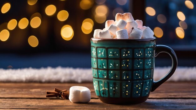 Photo a cozy mug of hot cocoa with marshmallows on a wooden table perfect for winter evenings