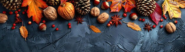 A cozy natural light scene capturing a casual spread of fall decorations including leaves nuts and cones on a dark rustic table panoramic copy space at the top